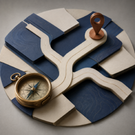 A tabletop pathway and compass illustrating route choices.
