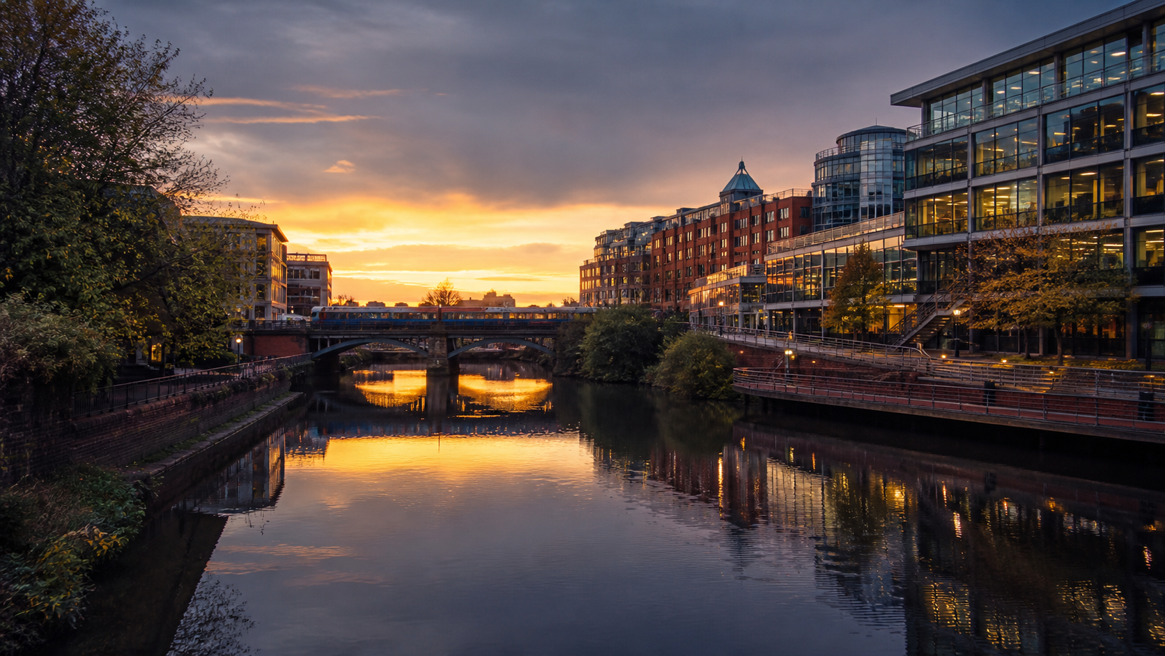 A wide view of Reading riverside and its modern business district.
