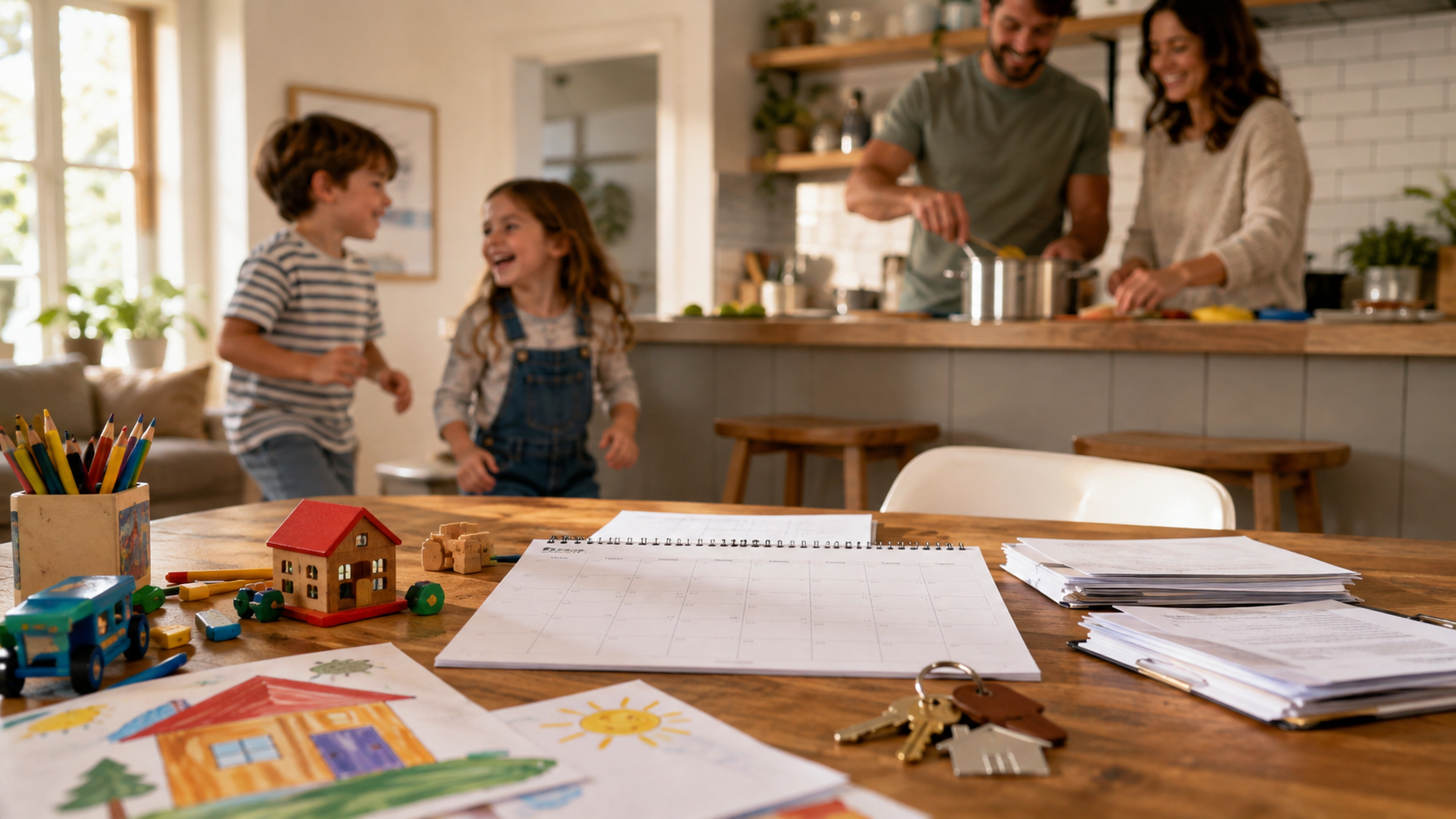 A family table with calendar, toys and paperwork during everyday home life.