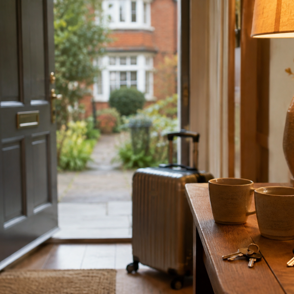 A warm home entrance with two mugs, keys, a photograph and suitcase.