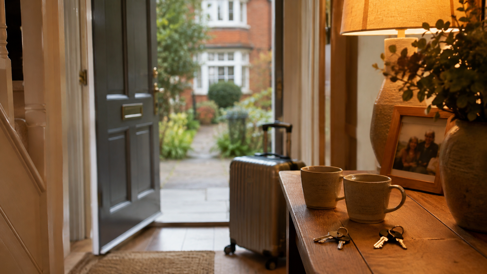 A warm home entrance with two mugs, keys, a photograph and suitcase.