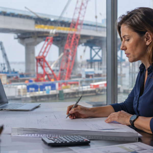 A female civil engineer working independently on site.