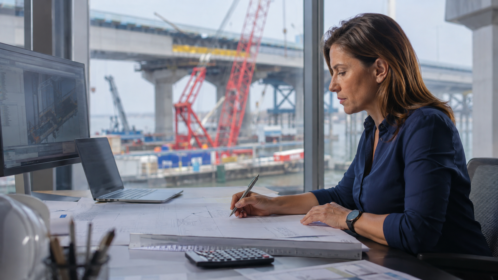 A female civil engineer working independently on site.