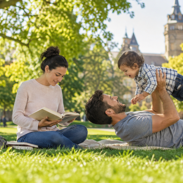 A family reading and playing together in a university park.