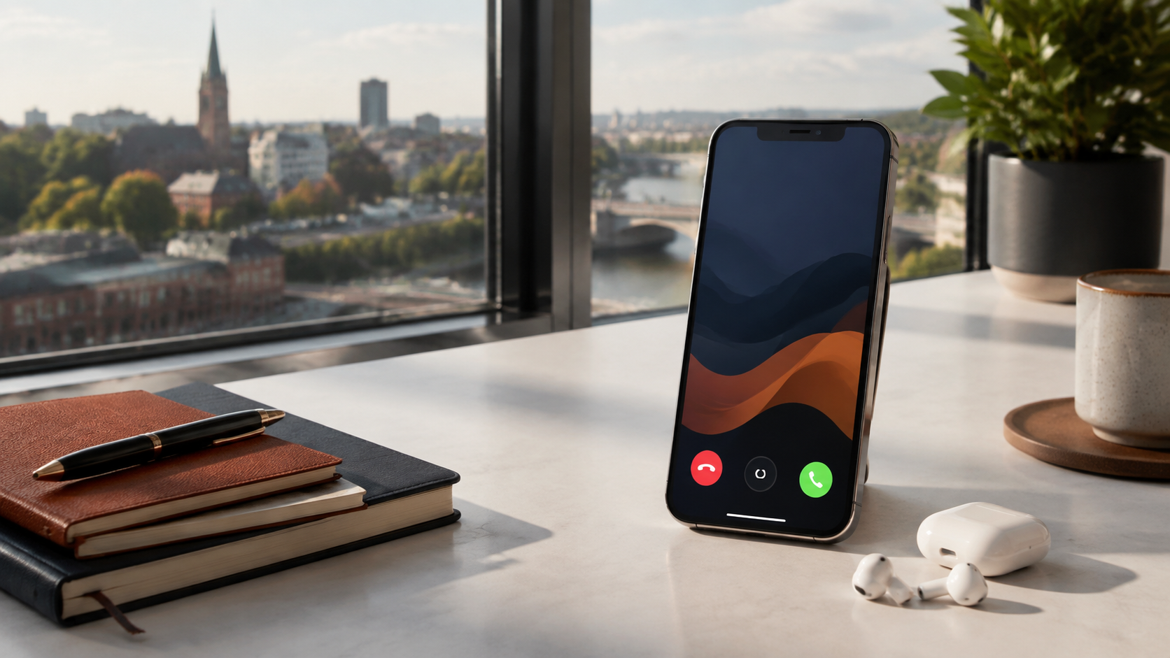 A smartphone and headset beside a Reading skyline view.