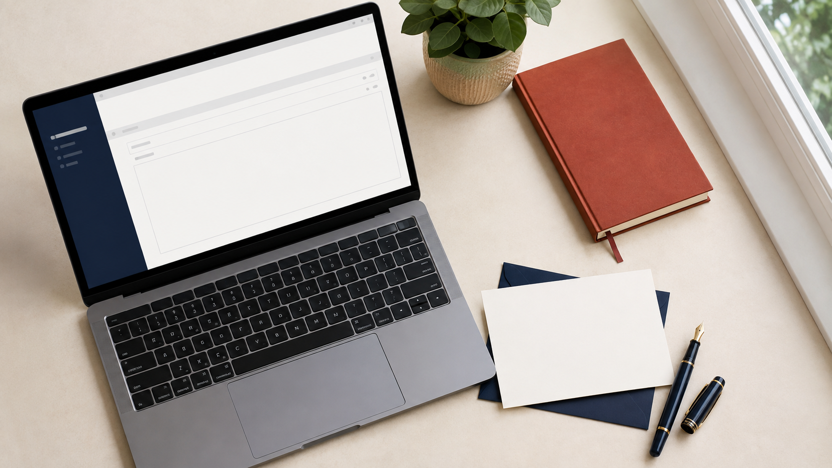 Email enquiry stationery arranged on a professional desk.