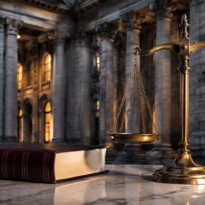 Civic architecture, legal books and balanced scales.