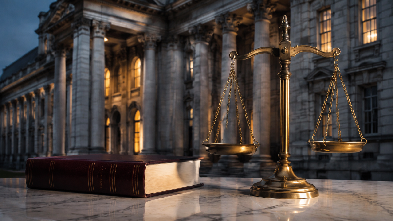 Civic architecture, legal books and balanced scales.