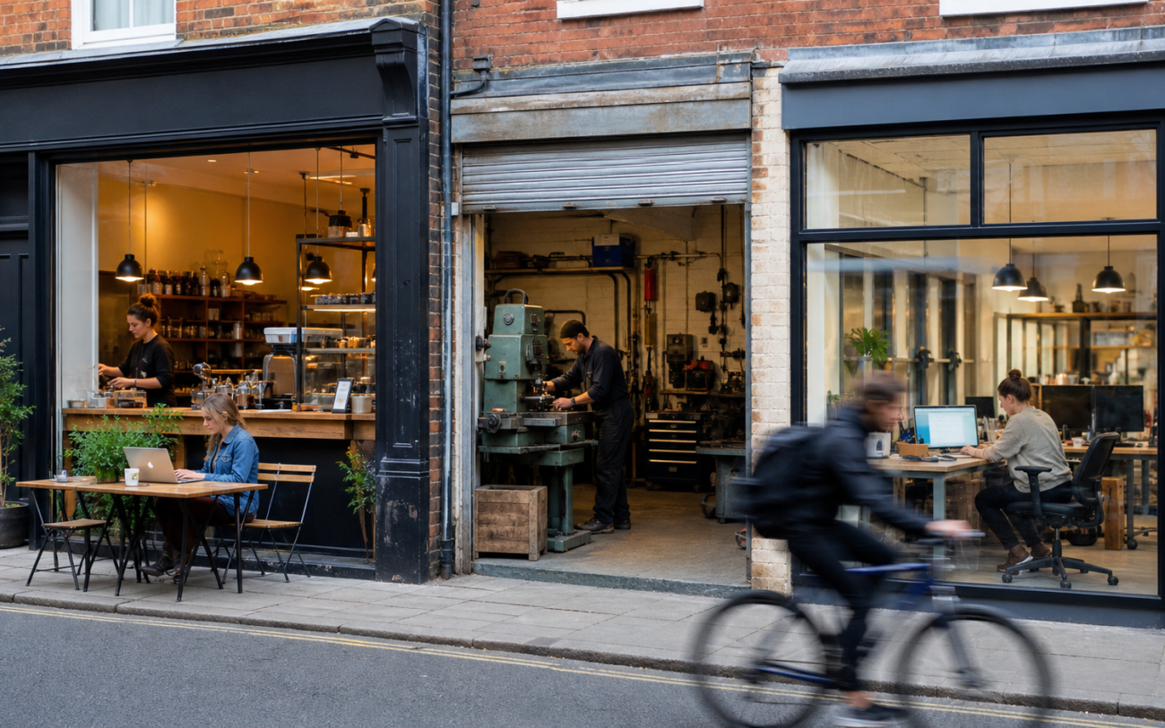 A British high street with varied café, workshop and technology businesses.