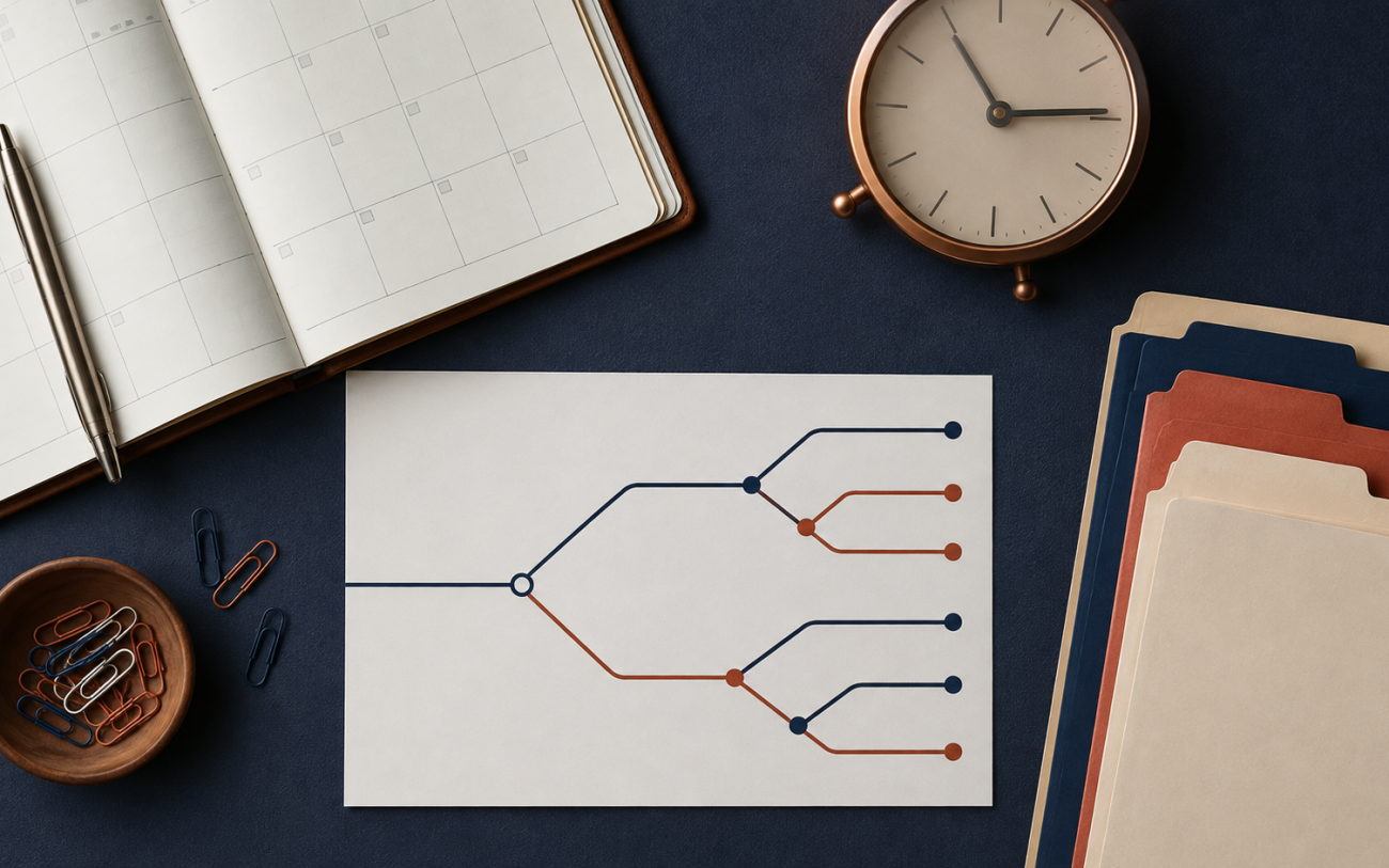 Application folders, calendar and route diagram arranged on a desk.