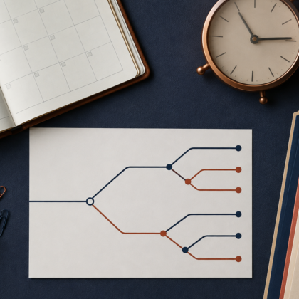 Application folders, calendar and route diagram arranged on a desk.