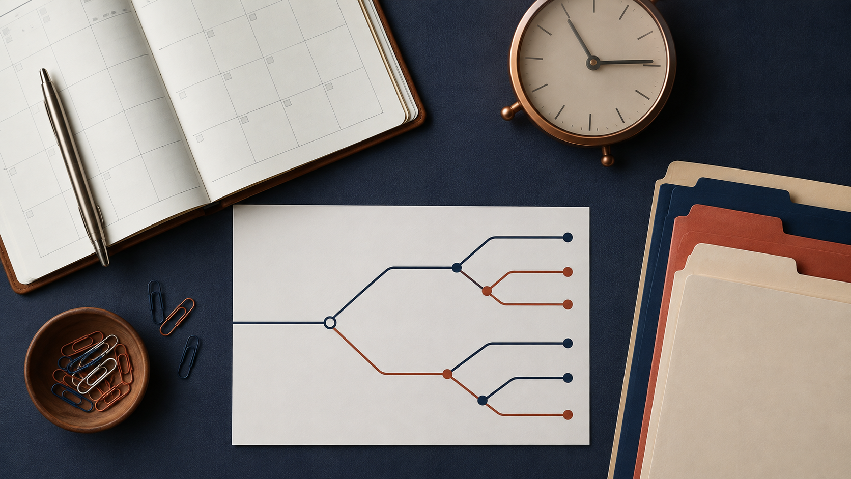 Application folders, calendar and route diagram arranged on a desk.