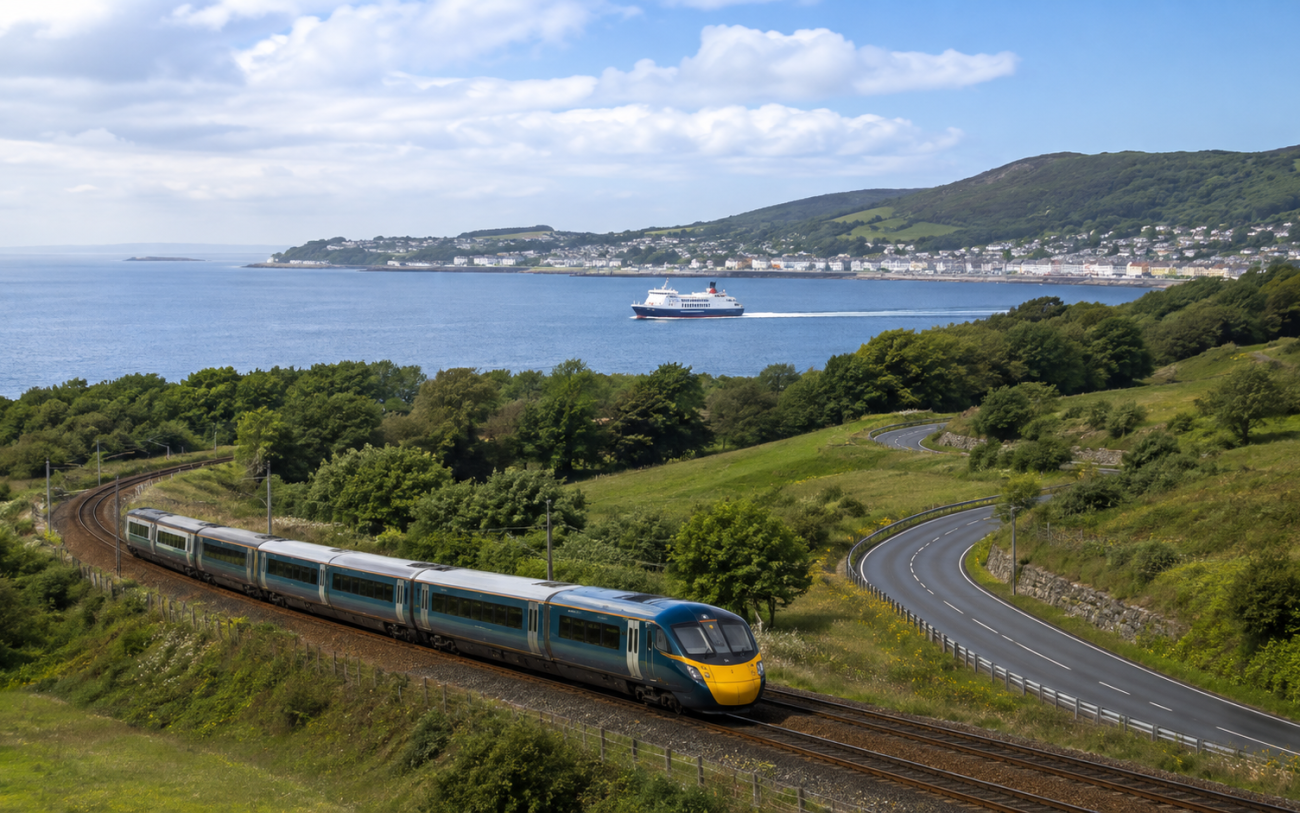 A train, ferry and countryside road suggesting different UK routes.