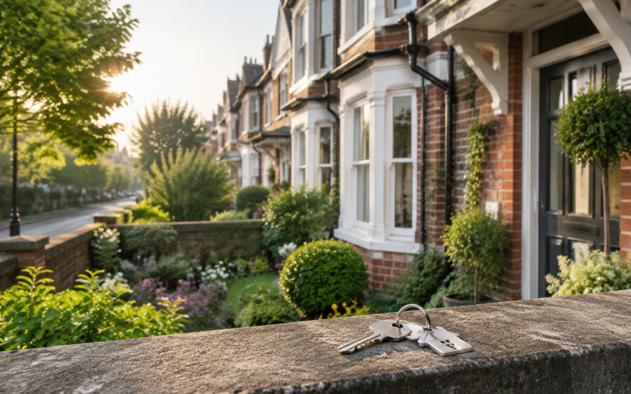 Welcoming terraced houses with a home key and garden.