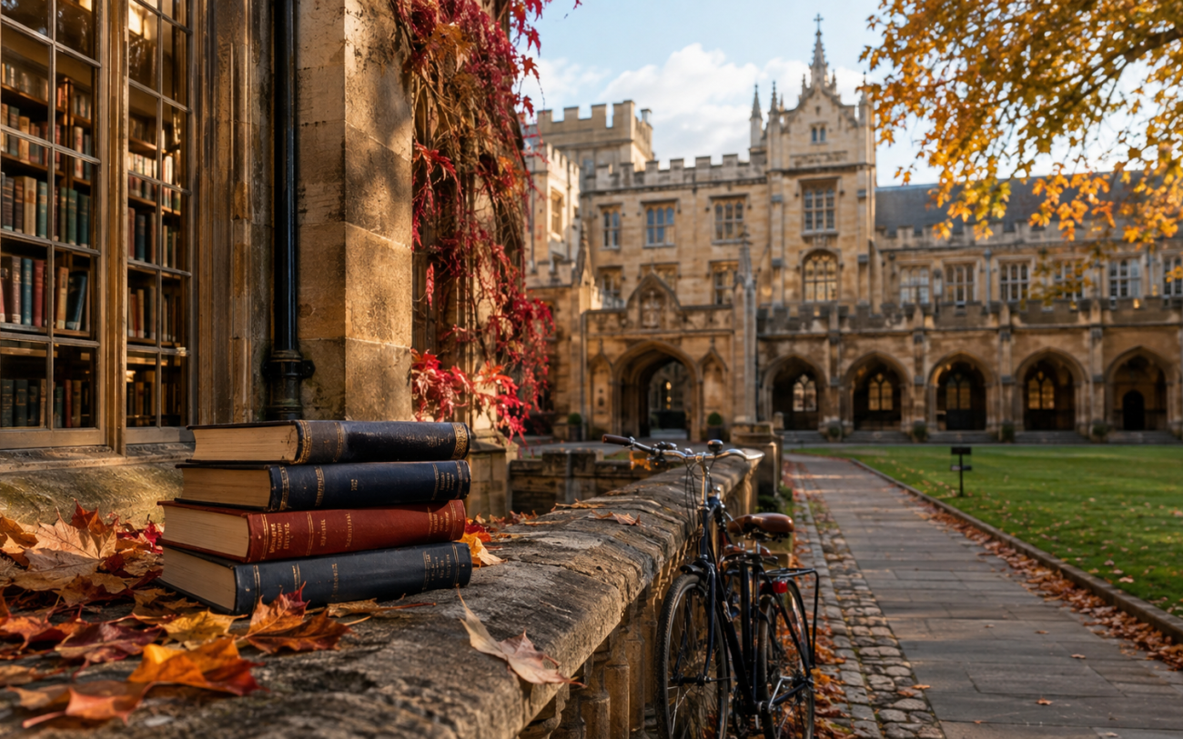 A British university quadrangle with bicycles and study books.