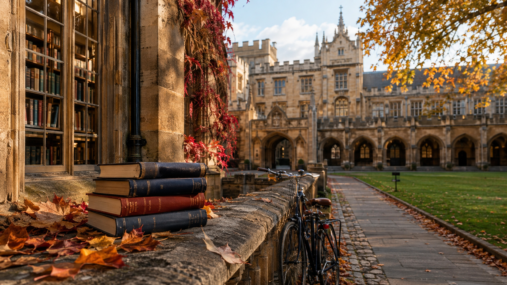 A British university quadrangle with bicycles and study books.