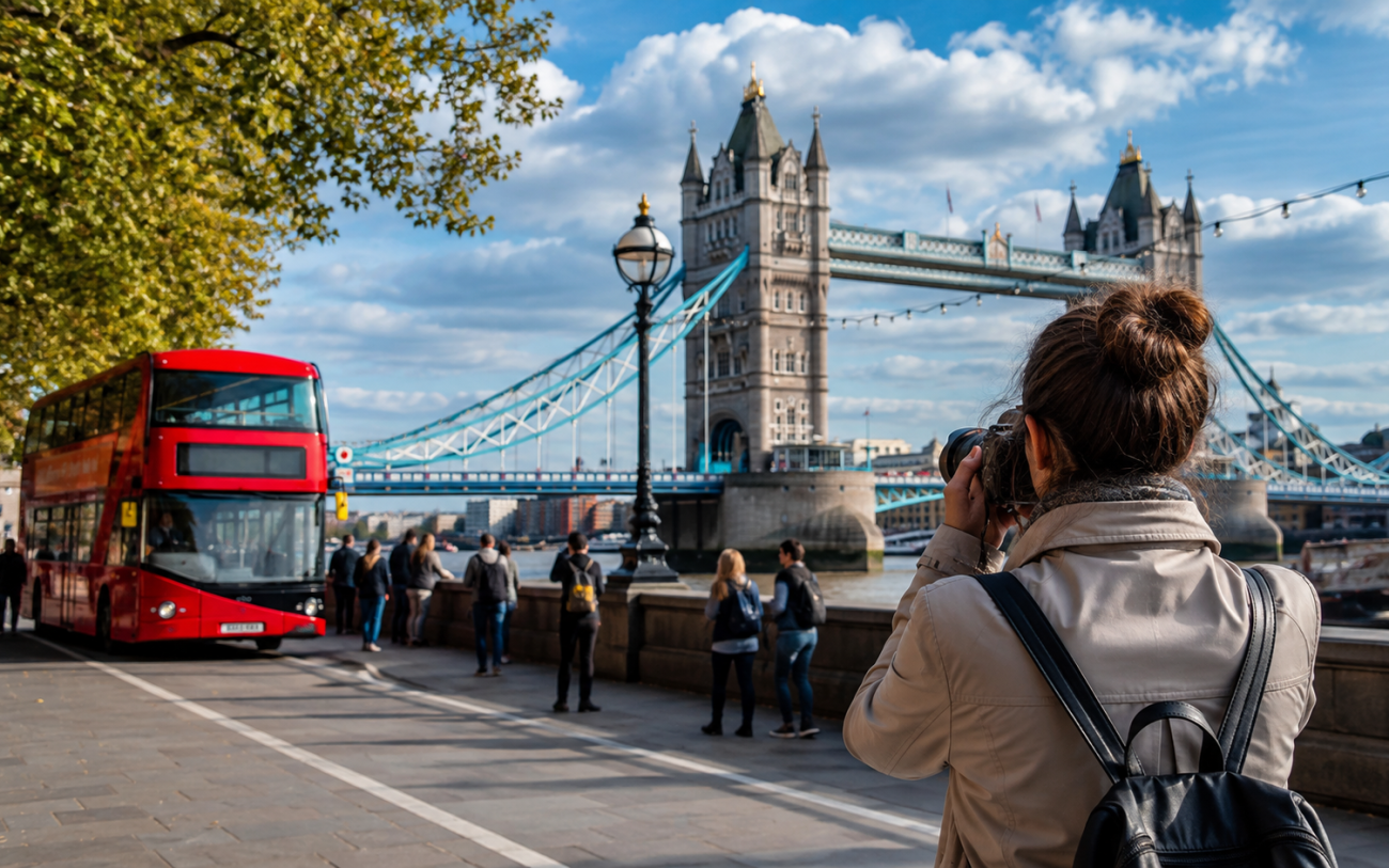 A London tourism scene with Tower Bridge and a red bus.