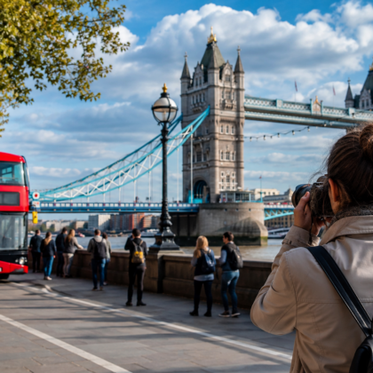 A London tourism scene with Tower Bridge and a red bus.