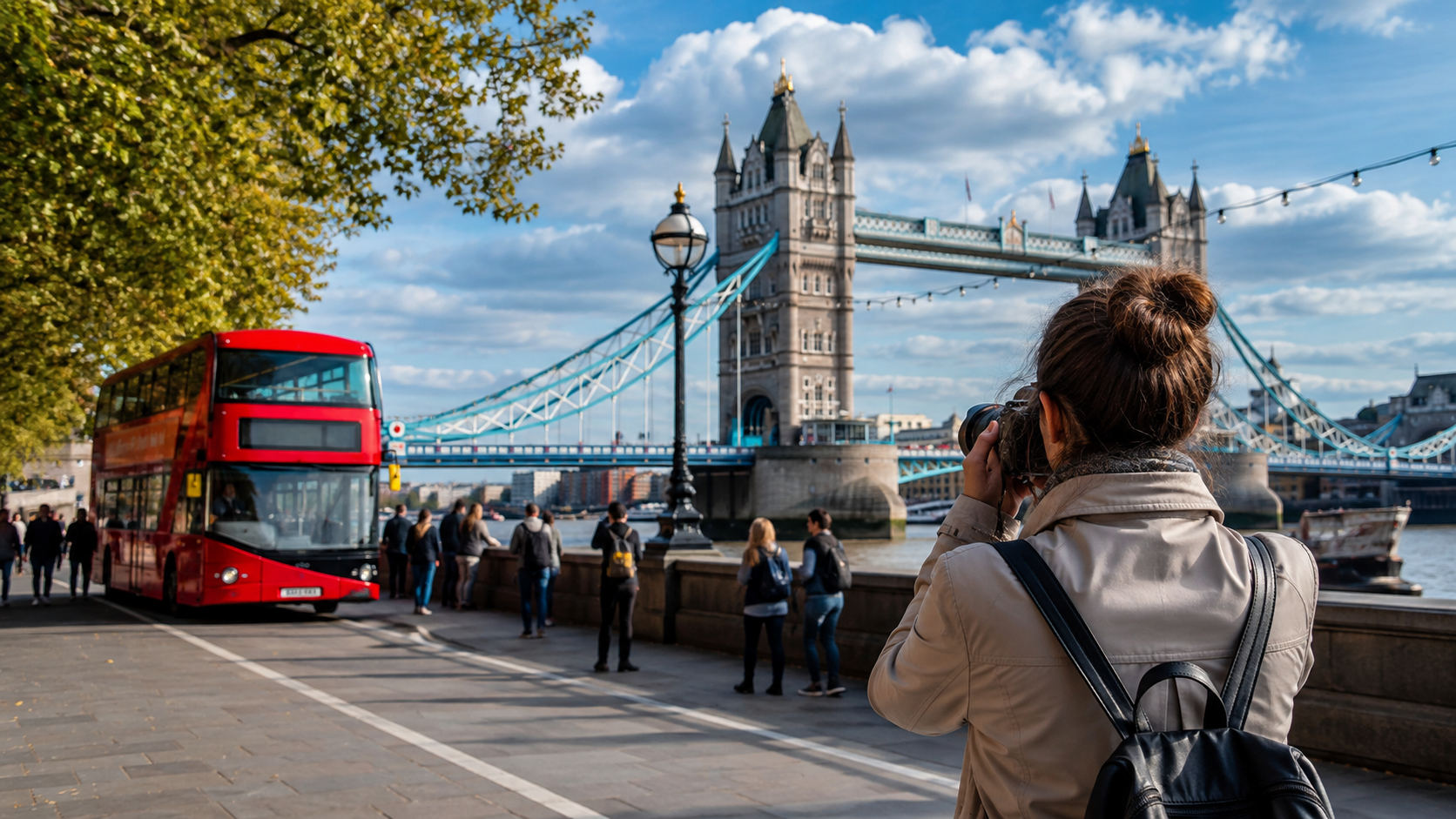 A London tourism scene with Tower Bridge and a red bus.