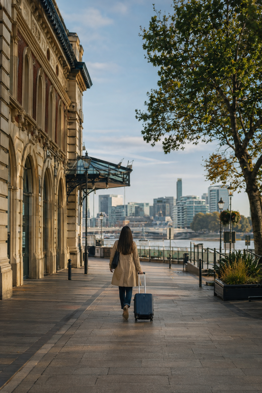 A solo traveller walking from Reading station toward the riverside.