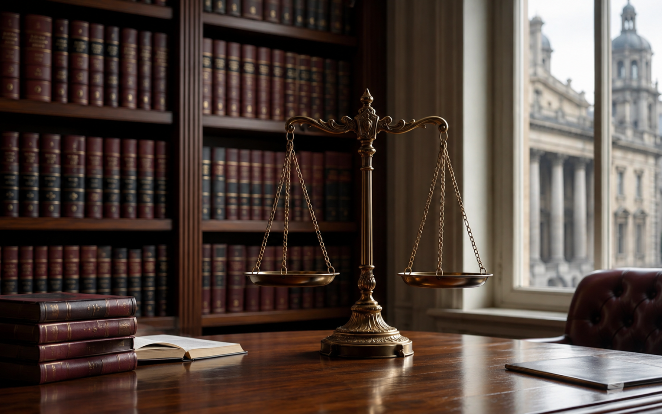 A legal library with balanced scales, law volumes and civic architecture.