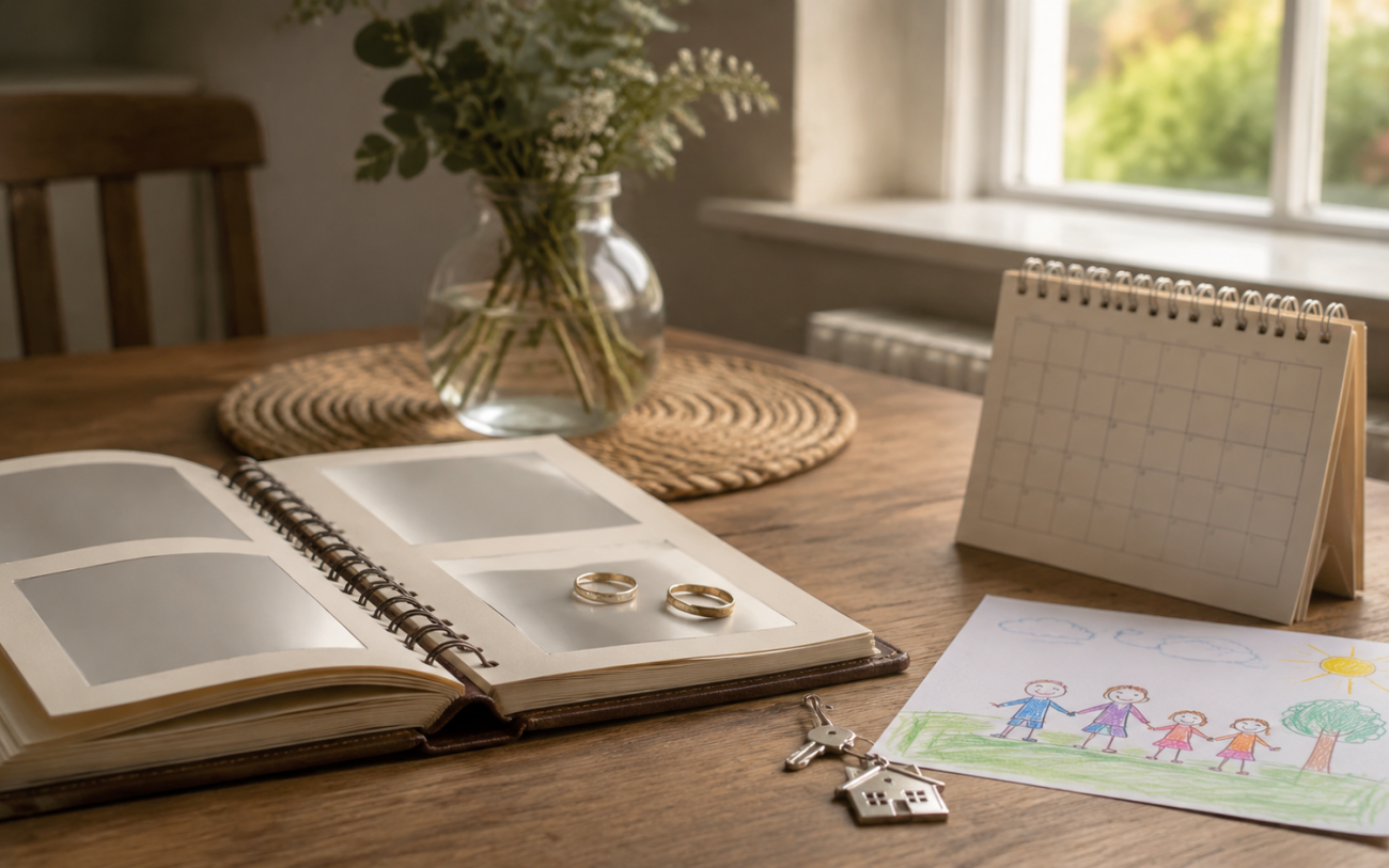 A family album, rings, home key, child drawing and calendar.