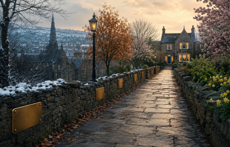 A long path through a British town representing a residence milestone.