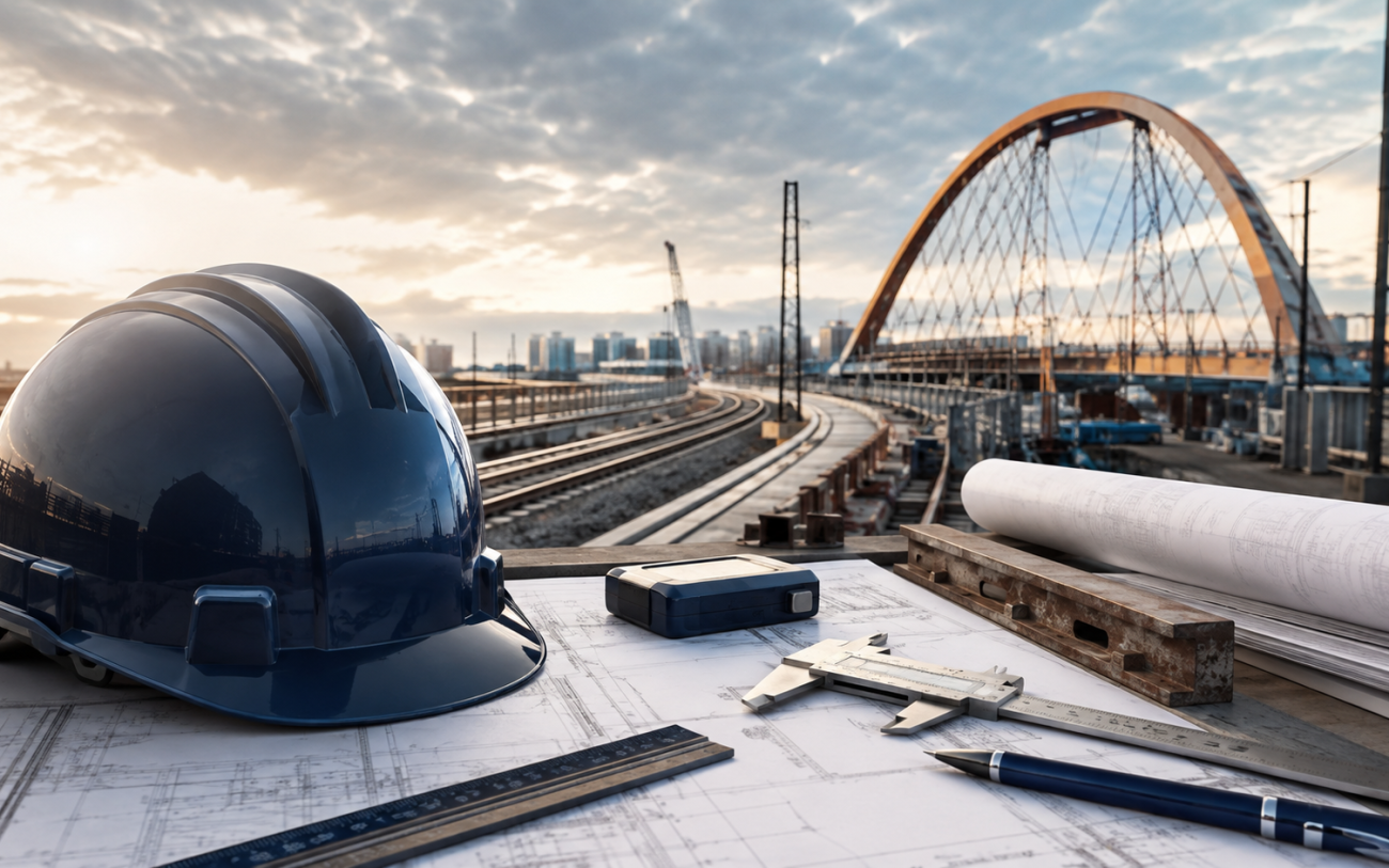 An engineering helmet, technical drawings and infrastructure tools.