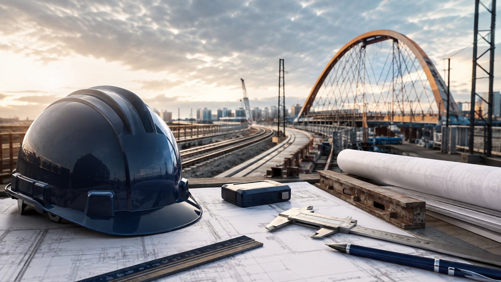 An engineering helmet, technical drawings and infrastructure tools.