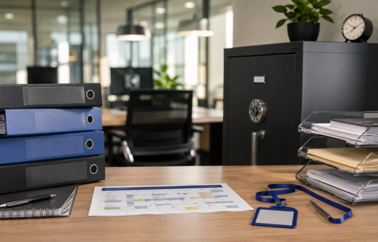 An organised HR compliance desk with files, rota and lanyard.