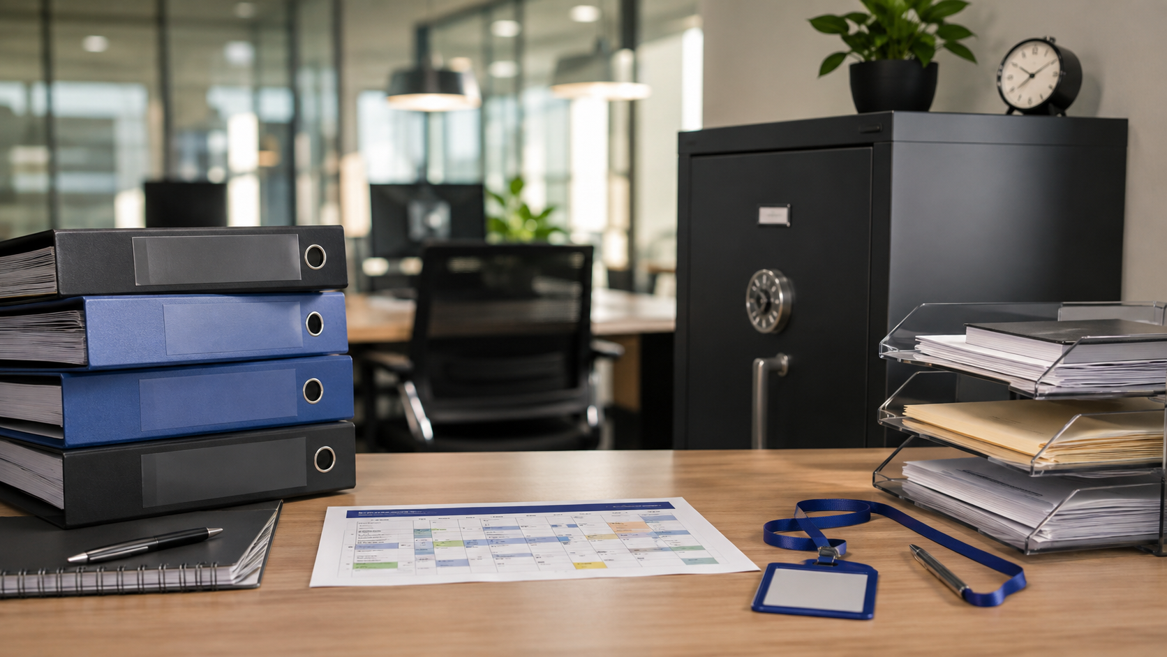An organised HR compliance desk with files, rota and lanyard.