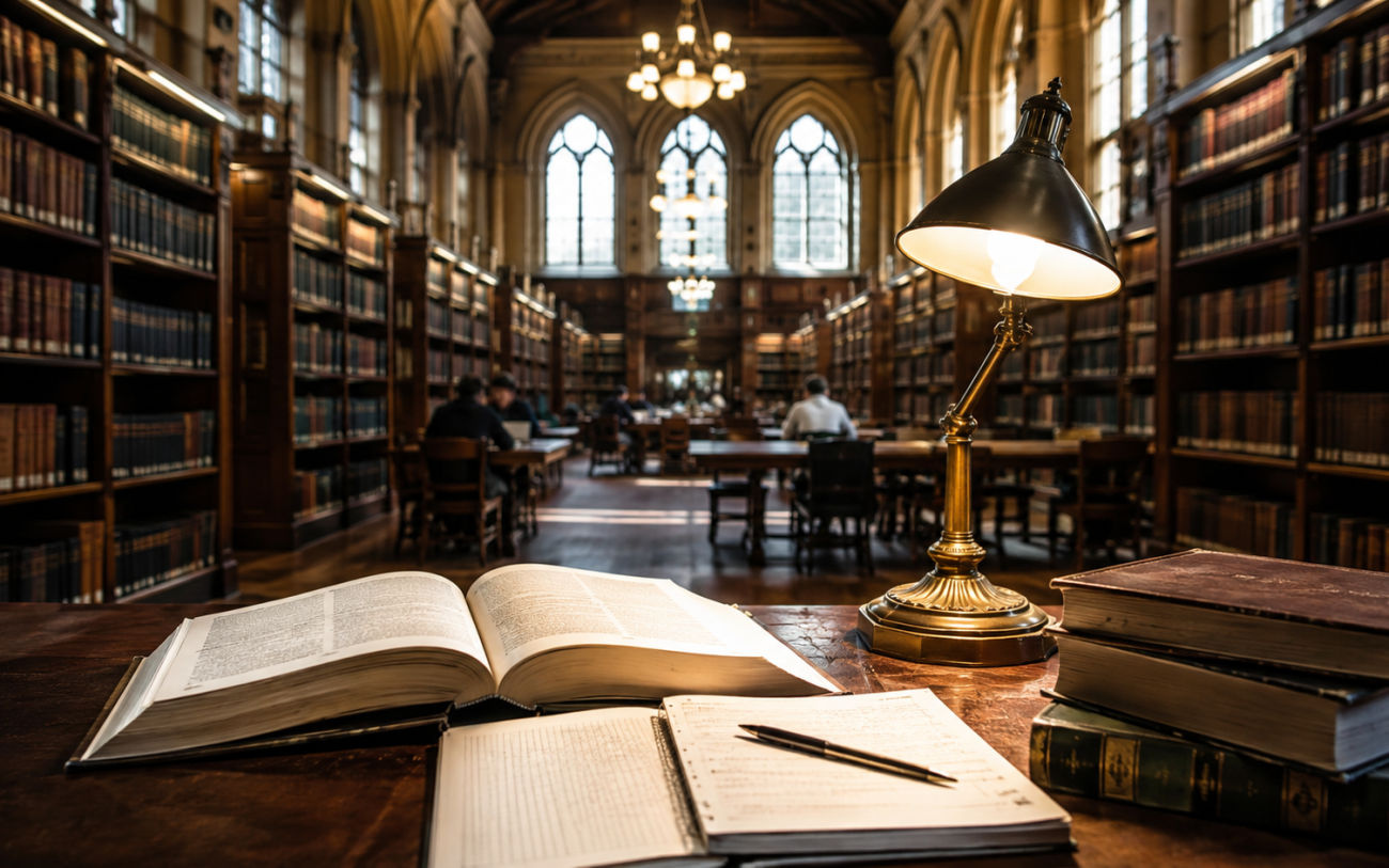 A grand university library with books and distant students.