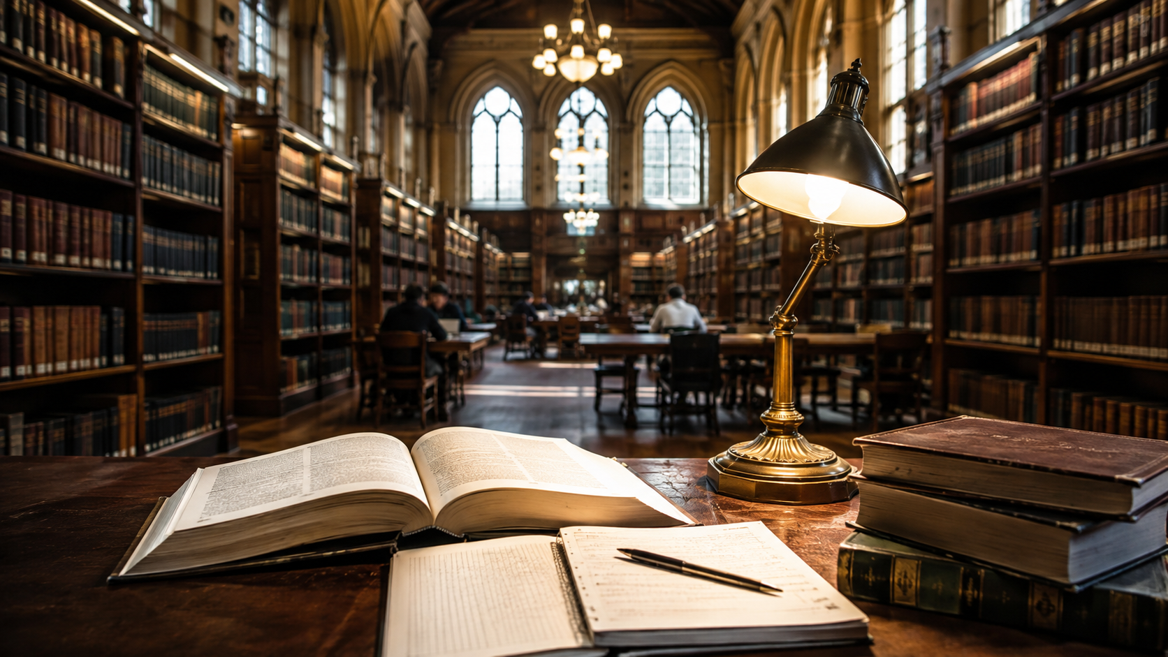A grand university library with books and distant students.