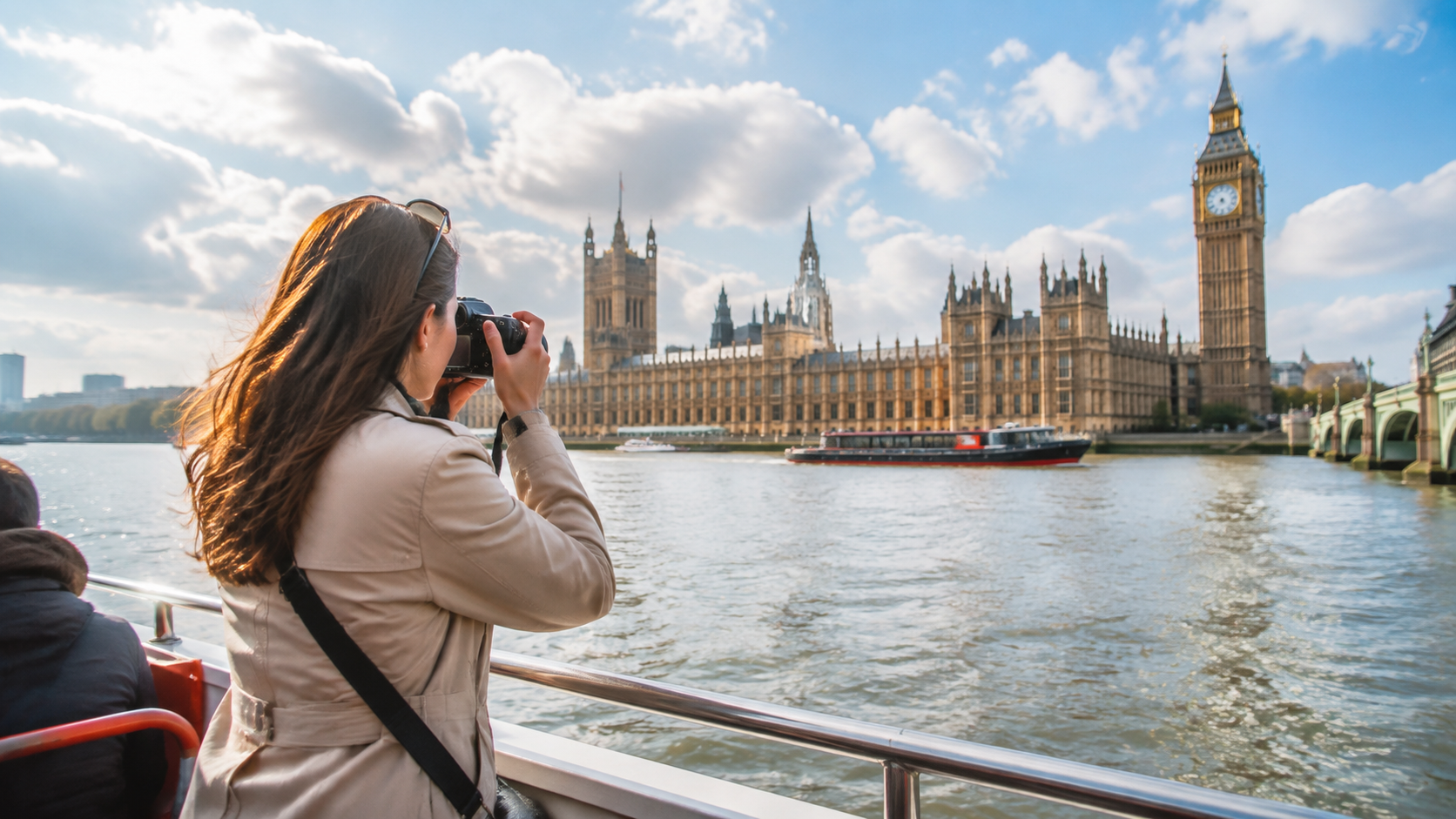 A solo visitor photographing London from a river boat.