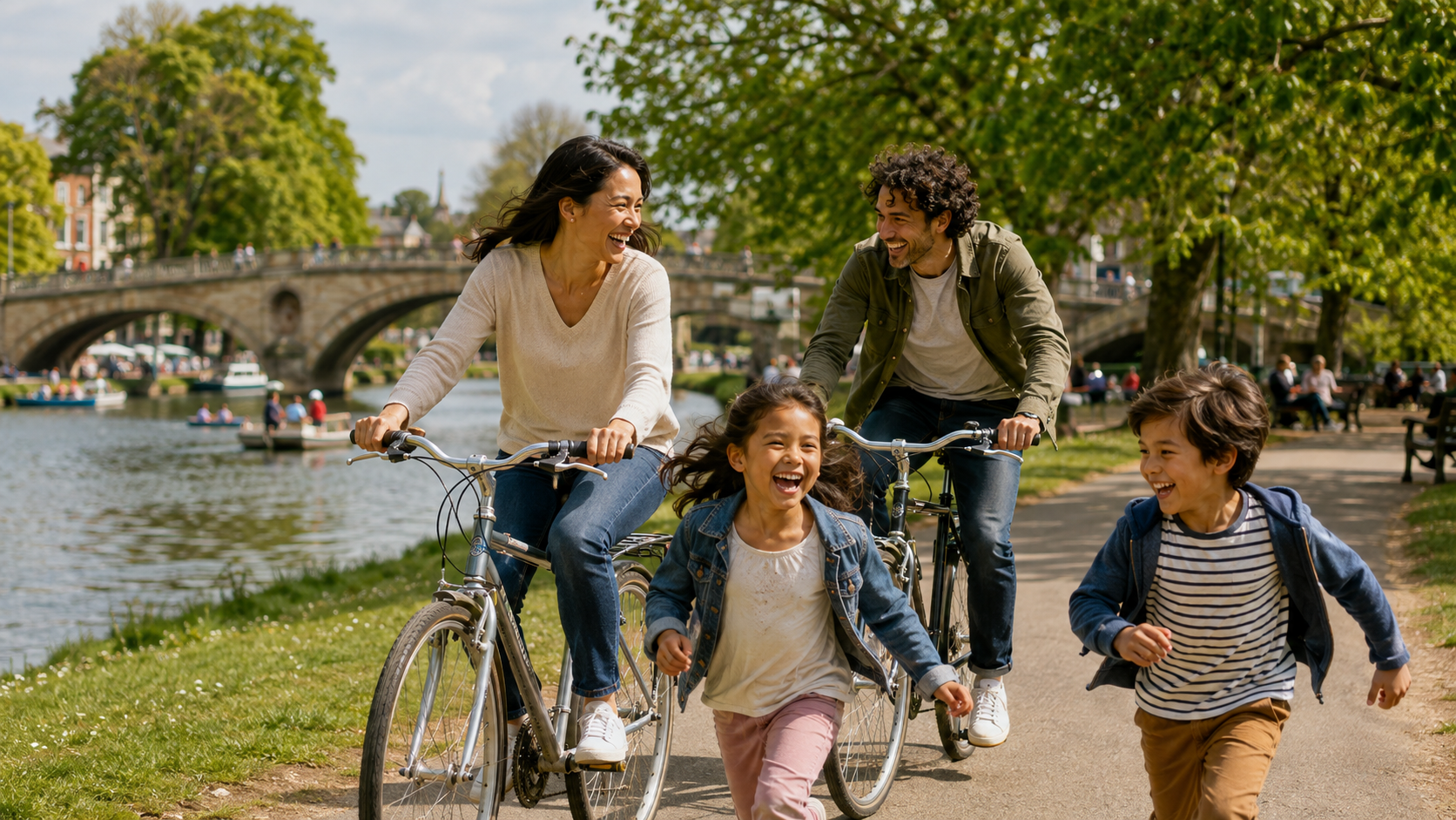 A family cycling and playing in a Reading park.