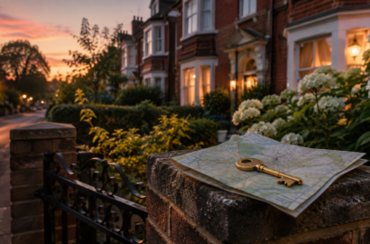 A welcoming Reading neighbourhood with a key and local map.