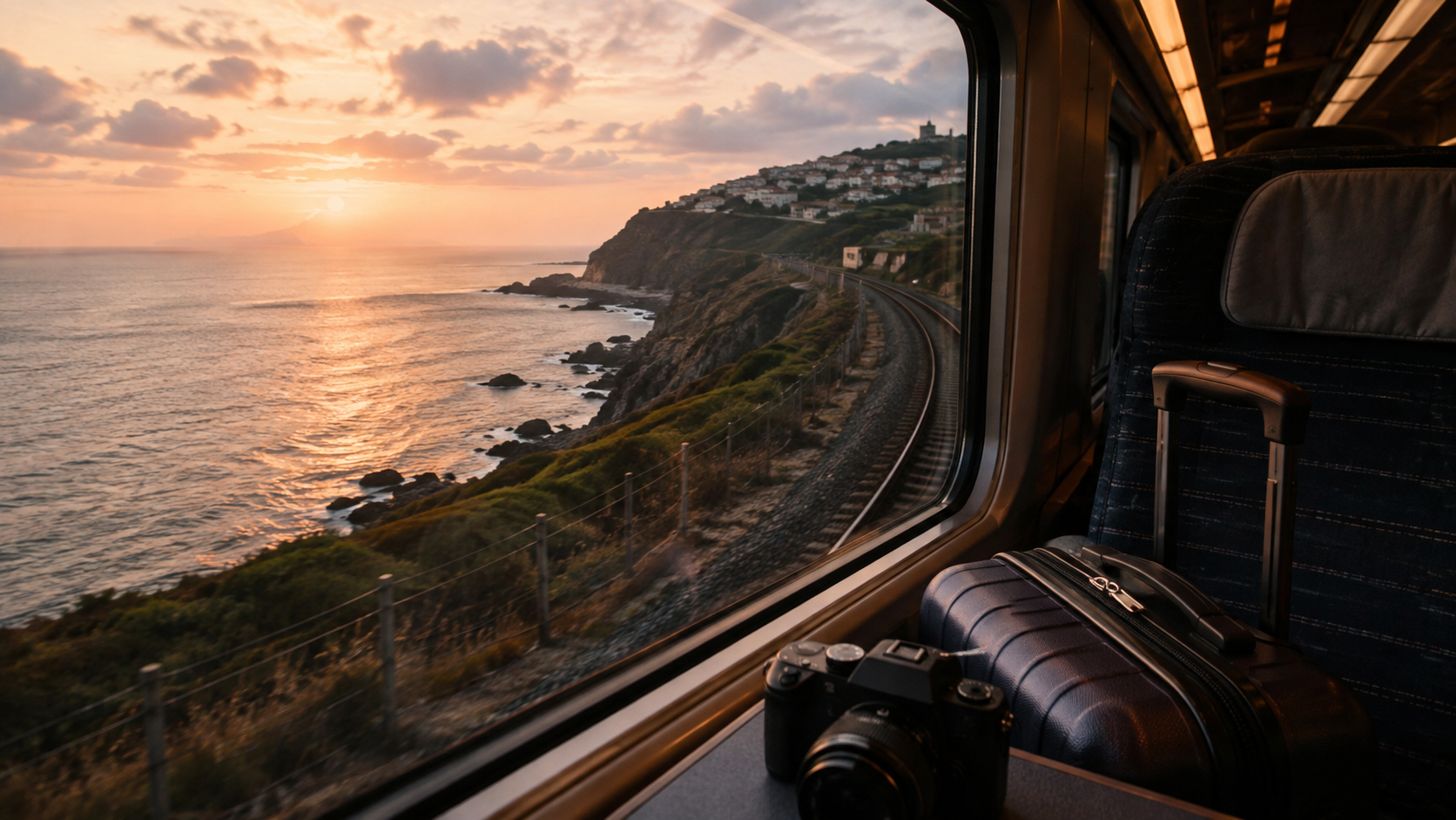 A coastal train journey with luggage and a travel camera.
