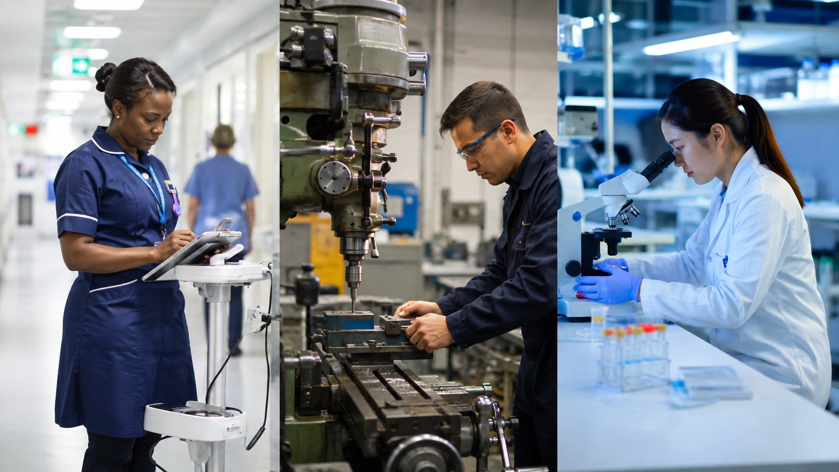 Healthcare, engineering and technology workplaces in active use.