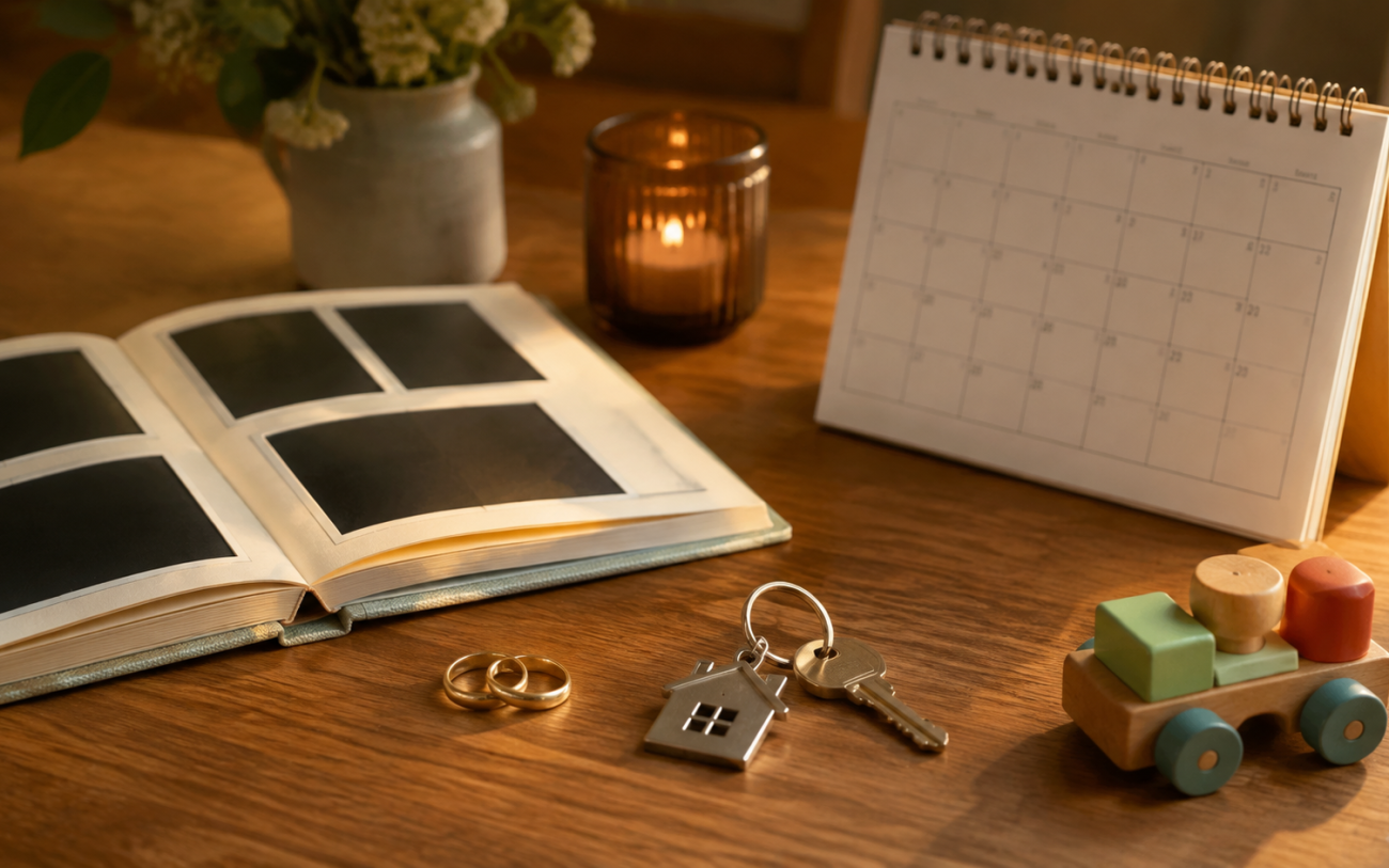 Rings, a home key, family album, toy and calendar.