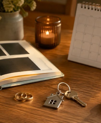 Rings, a home key, family album, toy and calendar.