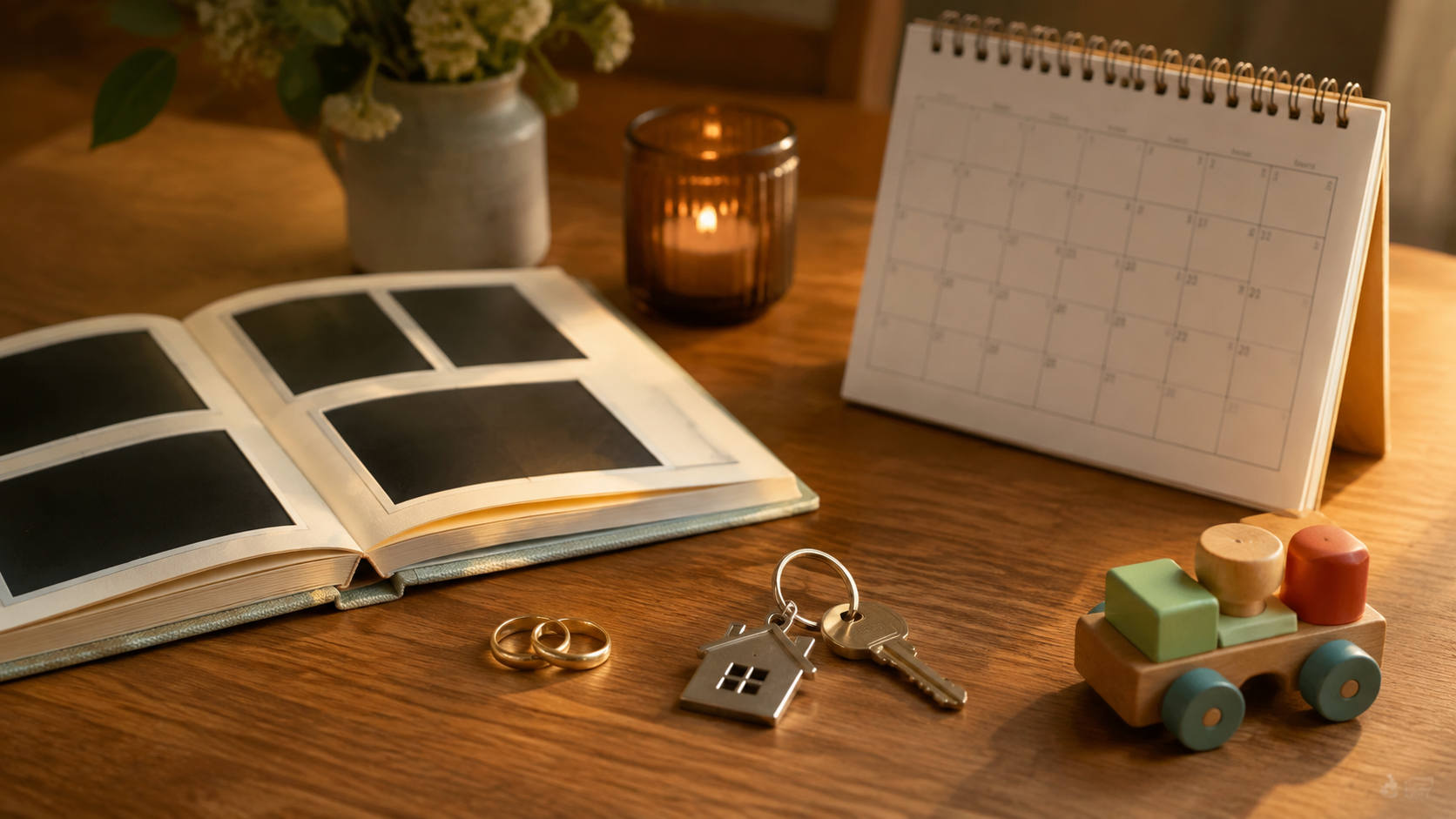 Rings, a home key, family album, toy and calendar.