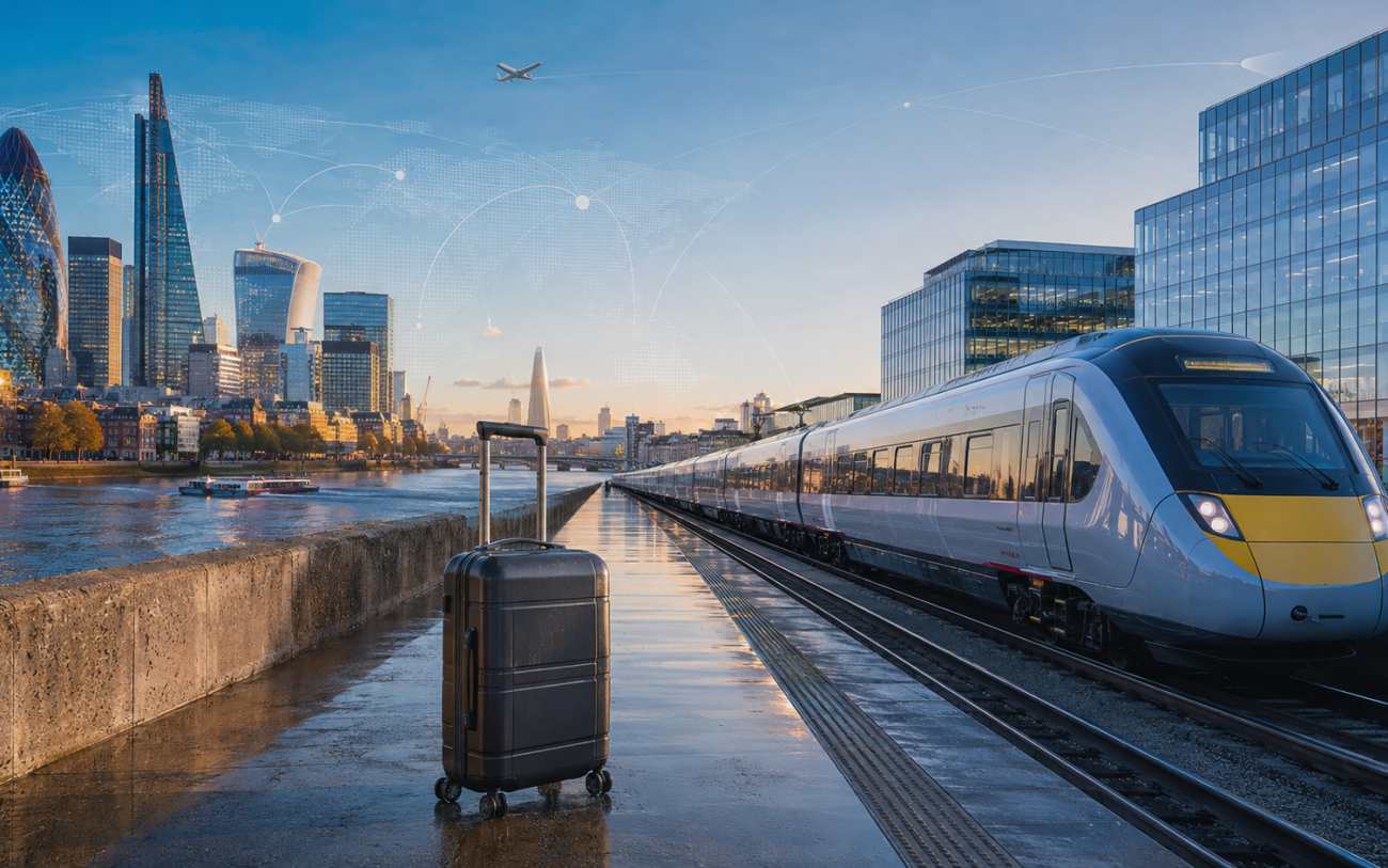 Office towers, an airport train and business luggage with global route lines.