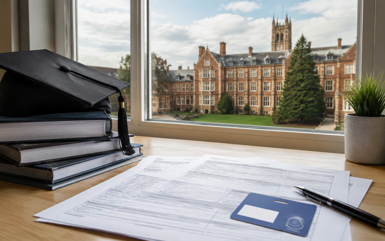 Application papers, study books, access card and graduation cap on campus.