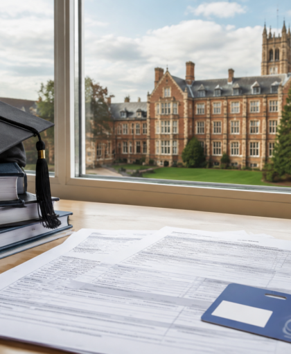 Application papers, study books, access card and graduation cap on campus.