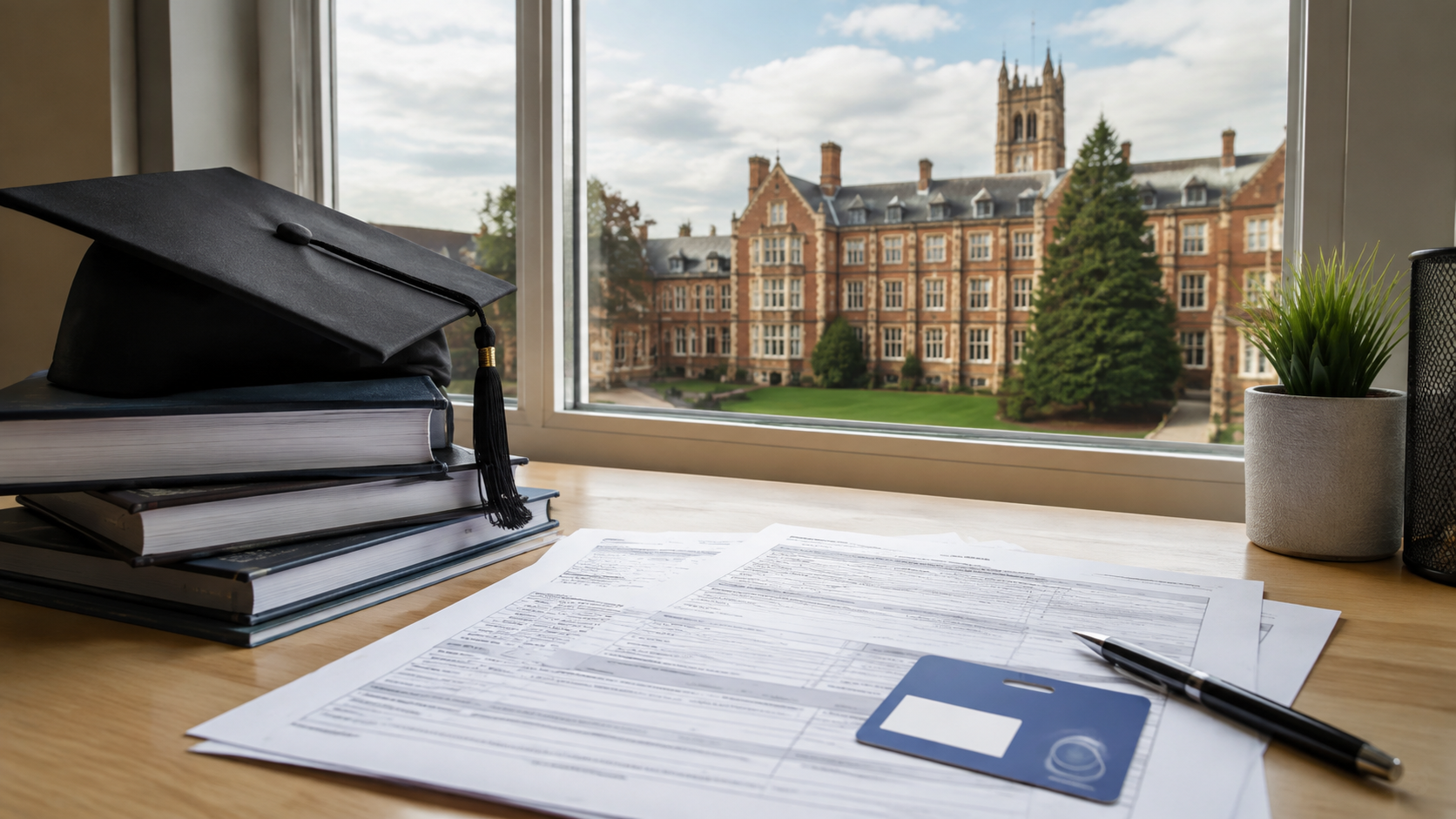 Application papers, study books, access card and graduation cap on campus.